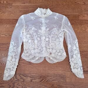 Vtg Lace Floral Sheer Bridal Top sz XS